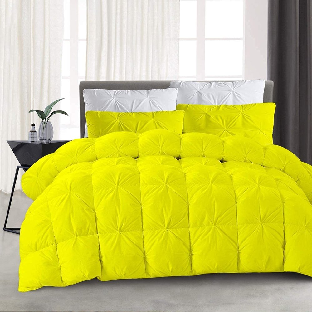 100% Egyptian Cotton 3 PCS Pinch Pleated Comforter Set 500 GSM | Olympic Queen (98'' x 98'') | Yellow Premium Quality Ultra Fluffy Baffle Box PinTuck Design Modern Quilted With 2 Pillow Shams
