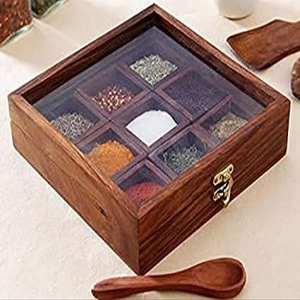 Will and Weaves Spice Box with Spoon in Shesham Wood for Kitchen Wooden Spice Box 9 Container with Lid Decorative Masala Dabba Organizer Handmade/Storage Racks Jars