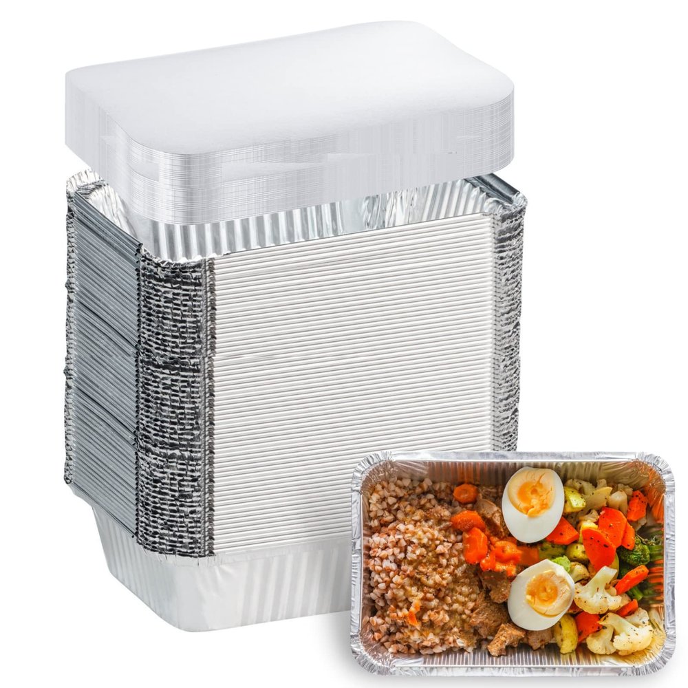 100 Pack Aluminum Foil Pans Disposable - 8.5"6"2" Foil Food Containers with Lids - 2.25 LB Heavy Duty Tin Foil Pans - for Cooking, Baking, Meal Prep and Freezer