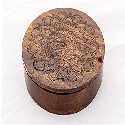 Will and Weaves Wooden Round Spice Box 8" inch Masala Box Engraved flower design Revolving lid 8 Compartments Spice Rack Brown