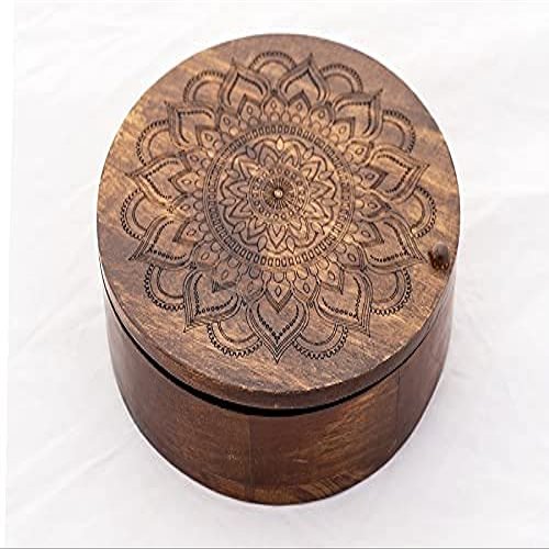 Will and Weaves Wooden Round Spice Box 8" inch Masala Box Engraved flower design Revolving lid 8 Compartments Spice Rack Brown