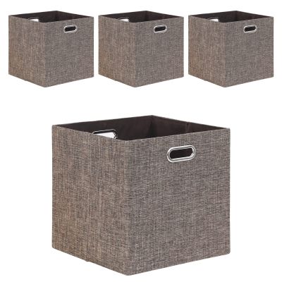 Fboxac Cube Storage Bins 1313 Linen Foldable Box with Handles, Collapsible Organization Basket Set of 4 Large Capacity Drawer for Closet Shelf Cabinet Bookcase Bedroom, Coffee