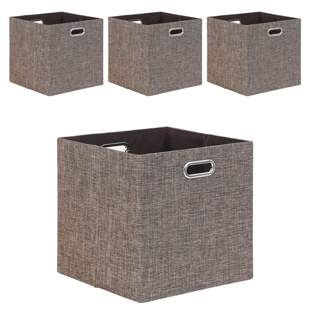 Fboxac Cube Storage Bins 1313 Linen Foldable Box with Handles, Collapsible Organization Basket Set of 4 Large Capacity Drawer for Closet Shelf Cabinet Bookcase Bedroom, Coffee