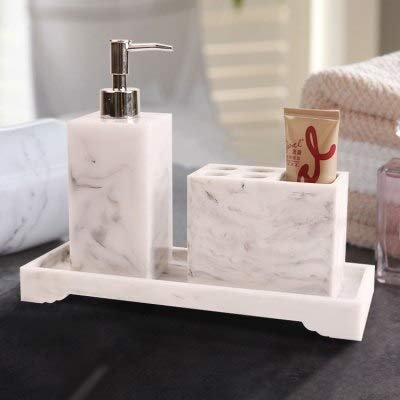 Crysdaralovebi Nordic Bathroom Set Marble Pattern Resin Washroom Accessories Toothbrush Holder Soap Dispenser Soap Dish Bathroom Tray for Weddi (3pcs Set)
