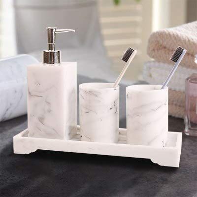 Crysdaralovebi Nordic Bathroom Set Marble Pattern Resin Washroom Accessories Toothbrush Holder Soap Dispenser Soap Dish Bathroom Tray for Weddi (4pcs Set)