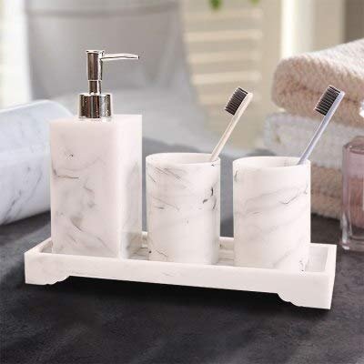 Crysdaralovebi Nordic Bathroom Set Marble Pattern Resin Washroom Accessories Toothbrush Holder Soap Dispenser Soap Dish Bathroom Tray for Weddi (4pcs Set)