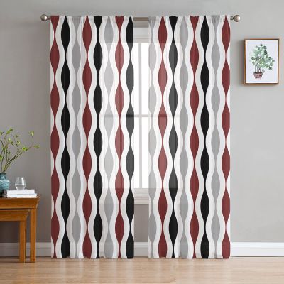 Semi Sheer Curtains 63 inch Length for Living Room,Rod Pocket Voile Drapes Bedroom Decor, Mid-Century Modern Geometric Black Red Gray Pattern Window Curtains 2 Panels for Sliding Glass Door,Patio