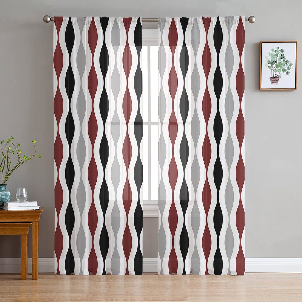 Semi Sheer Curtains 63 inch Length for Living Room,Rod Pocket Voile Drapes Bedroom Decor, Mid-Century Modern Geometric Black Red Gray Pattern Window Curtains 2 Panels for Sliding Glass Door,Patio