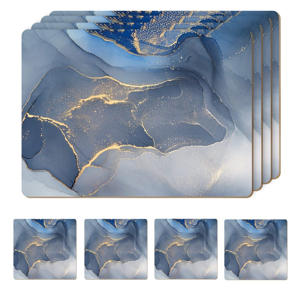 Moderry Set of 4 Heat Resistant Cork Placemats for Dining Table with Free Set of 4 Matching Drink Coasters Marble Design 16 x 12 Inches Cork Backed Hard Placemats (Blue & Gold)