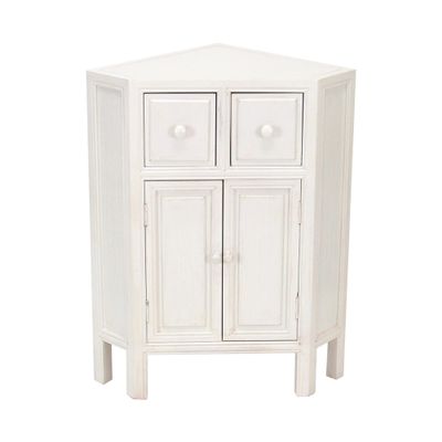 Benjara Wooden Corner Cabinet with 2 Drawers and 2 Doors, White