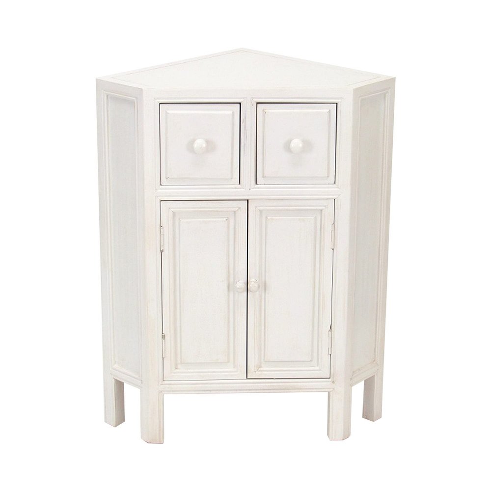 Benjara Wooden Corner Cabinet with 2 Drawers and 2 Doors, White