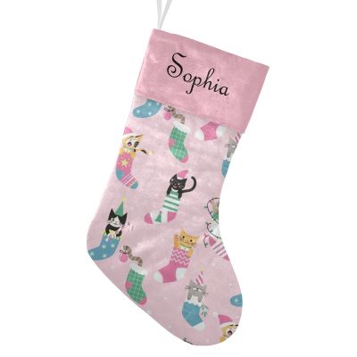 CUXWEOT Personalized Pink Christmas Stocking Cats Christmas Stockings Customize Name Candy Bag for Family Holiday Party Decorations Gift 17.52 x 7.87 Inch