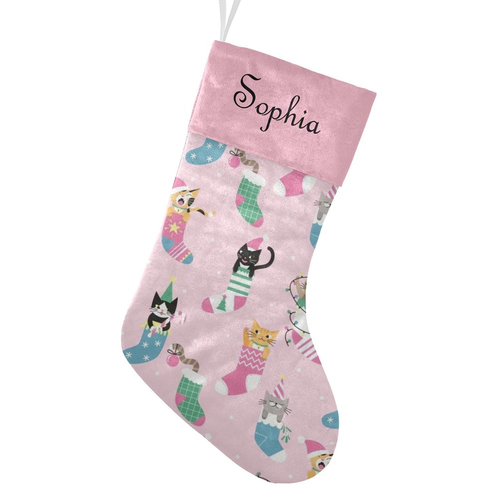CUXWEOT Personalized Pink Christmas Stocking Cats Christmas Stockings Customize Name Candy Bag for Family Holiday Party Decorations Gift 17.52 x 7.87 Inch