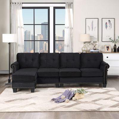 4-seat L-Shape Sofa Couch with Movable Storage Ottoman, Modern Upholstered 4-Seat Sofa Couch with Scrolled Arm/Nailhead Trim for Living Room/Apartment/Small Space, Convertible Sectional Sofa