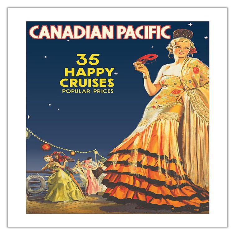 35 Happy Cruises - Canadian Pacific - Vintage Ocean Liner Travel Poster by Fred W. Purvis c.1935 - Fine Art Matte Paper Print (Unframed) 24x32in