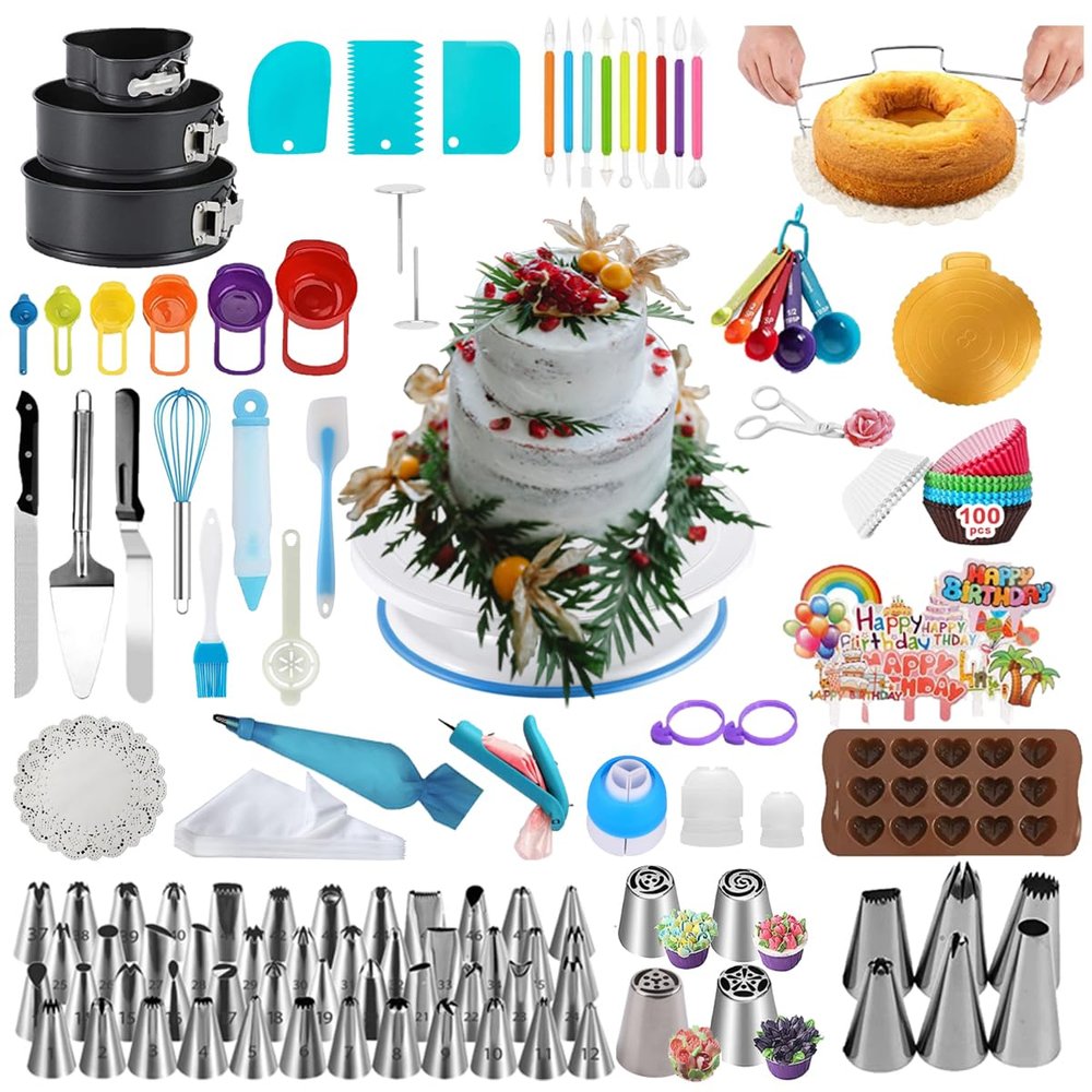 390PCS Cake Decorating Supplies Kit, Baking Tools Set for Cakes  3 Packs Springform Cake Pans Cake Rotating Turntable 48 Numbered Piping Icing Tips 4 Russian Nozzles 9 Fondant Tools for Beginners