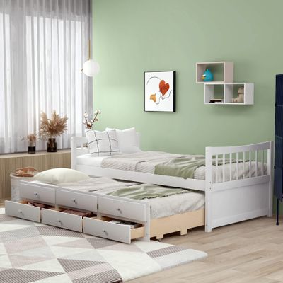 Bellemave Twin Captain's Bed, Twin Daybed with Trundle and 3 Storage Drawers, Wood Twin Platform Bed Frame with Headboard and Footboard for Kids Teens Adults, No Box Spring Need, Easy Assembly, White