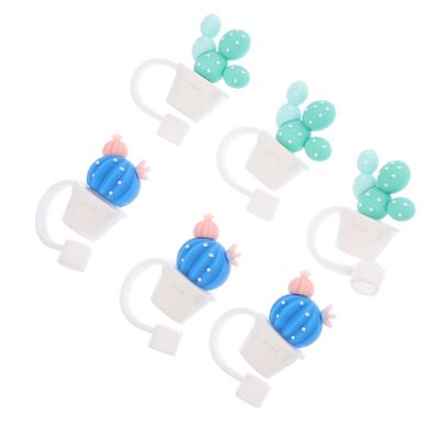 6pcs Silicone Straw Tip Cover Reusable Drinking Straw Tips Lids Straw Plugs Cartoon Cactus Drinking Cap for Home Kitchen Party Accessories