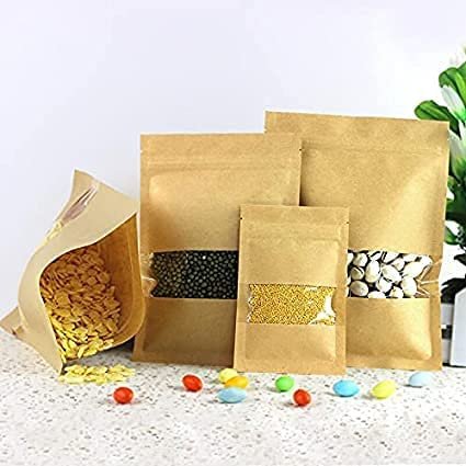 100 Pcs Kraft Paper Food Bag with Zip Lock, Reusable Sealing Bag Pouch with Clear Window for Storing Cookie Dried Food Snack (20x30cm)
