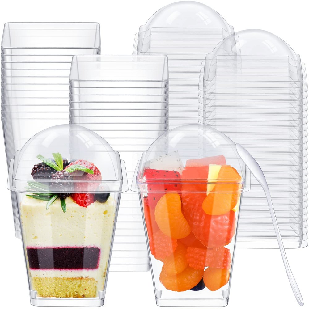 125 Sets 5 oz Clear Plastic Dessert Cups with Lids and Tasting Spoons Disposable Square Dessert Cups Plastic Mini parfait Tumbler Appetizer for Party Weddings Pudding Appetizers Mousse