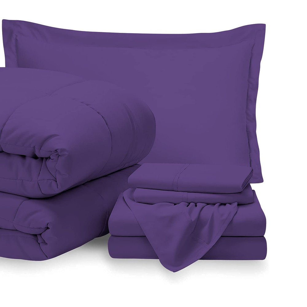 7 Piece Bed-in-A-Bag Comforter & Sheet Set 21" Deep Pocket, 100% Egyptian Cotton Queen Size, Purple, Sets Include - 1Comforter, 1Flat Sheet,1Fitted Sheet, 2Pillowcase & 2Pillowsham