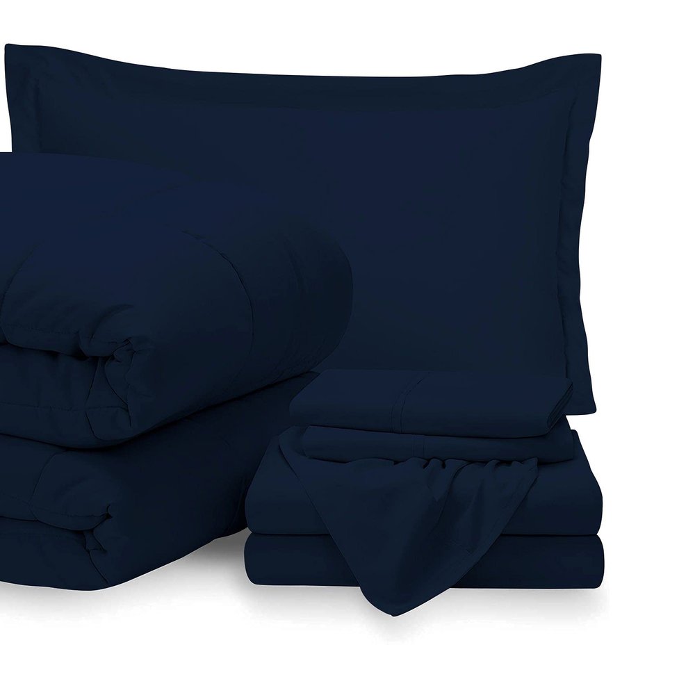 7 Piece Bed-in-A-Bag Comforter & Sheet Set 21" Deep Pocket, 100% Egyptian Cotton Oversized Super King Size, Navy, Sets Include - 1Comforter, 1Flat Sheet,1Fitted Sheet, 2Pillowcase & 2Pillowsham