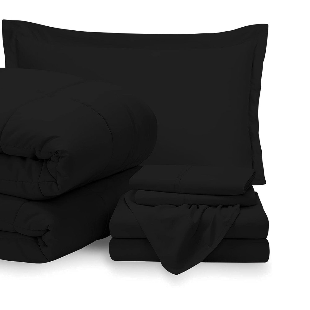 7 Piece Bed-in-A-Bag Comforter & Sheet Set 12" Deep Pocket, 100% Egyptian Cotton King Size, Black, Sets Include - 1Comforter, 1Flat Sheet,1Fitted Sheet, 2Pillowcase & 2Pillowsham