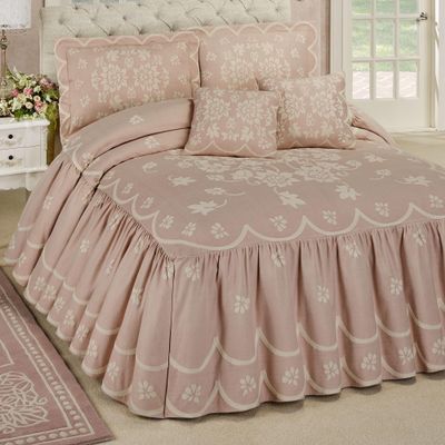 Touch of Class Romantic Floral Primrose Oversized Grande Dusty Rose Flounce Style Bedspread Set - Full Size - Pink - Vintage Cottage Bedspreads - Victorian Aesthetic - 24 Inch Drop - Machine Washable