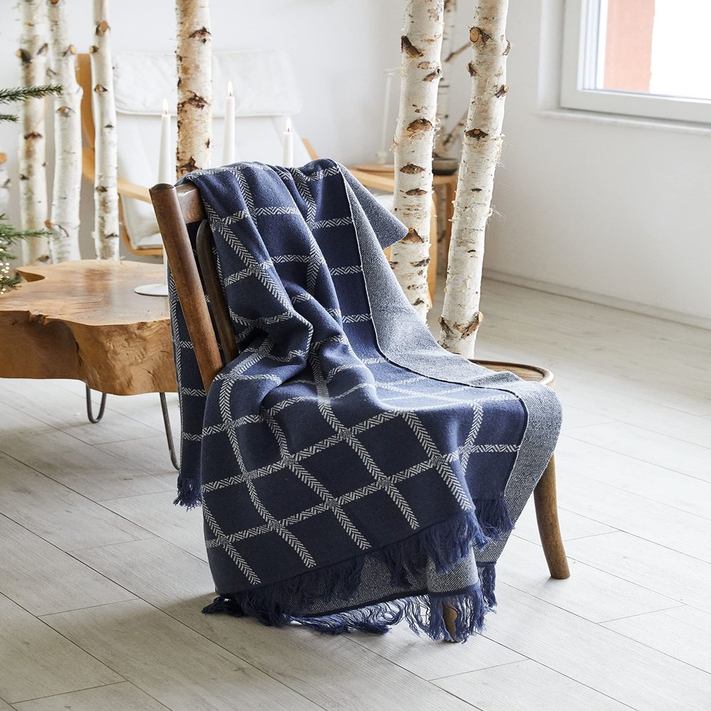 SAOL Irish Merino Wool Throw Blanket - Washable Knit Blanket Made in Ireland 75" by 57" - Oxford Blue