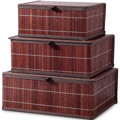 Honygebia Bamboo Decorative Storage Boxes - Set of 3 Woven Lined Storage Basket with Lids, Retro Brown Wicker Lidded Baskets for Home Kitchen Shelf Organizer Decor