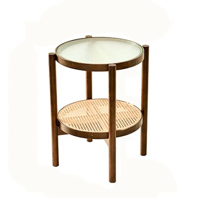SH-tables Coffee Table, Nordic Sofa Side Table, (Glass+Rubber Wood) Rattan Round Table/Bedside Table/Telephone Table, for Living Room Balcony Bedroom
