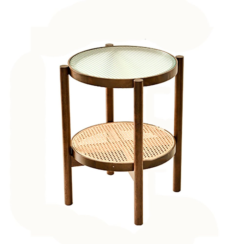 SH-tables Coffee Table, Nordic Sofa Side Table, (Glass+Rubber Wood) Rattan Round Table/Bedside Table/Telephone Table, for Living Room Balcony Bedroom