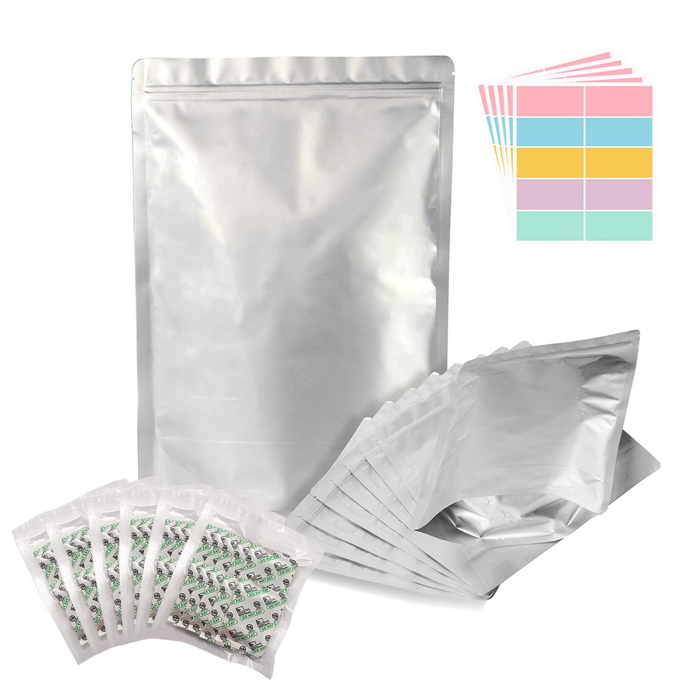 50pcs 1 Gallon Mylar Bags for Food Storage with Oxygen Absorbers 400CC (6 Packs of 10pcs) and Labels, 10 Mil 10"x14" Zipper Pouches Resealable and Heat Sealable for Long Term Food Storage (50 Bags)