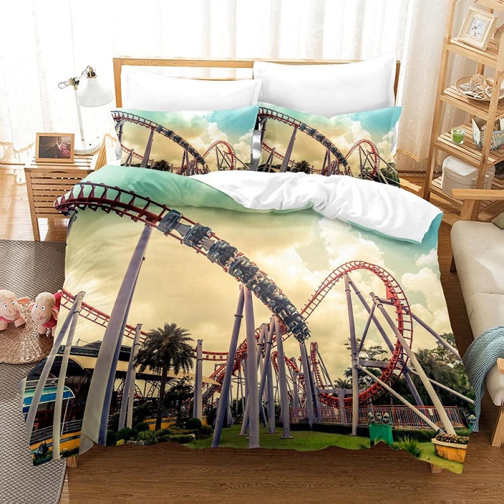 QSJSQTN Duvet Cover Set Full Size White Roller Coaster Bedding 3 Pieces Set with Zipper Closure, Soft Microfiber Comforter Cover Full 80 inches x90 inches with 2 Pillow Case 20 inches x26 inches