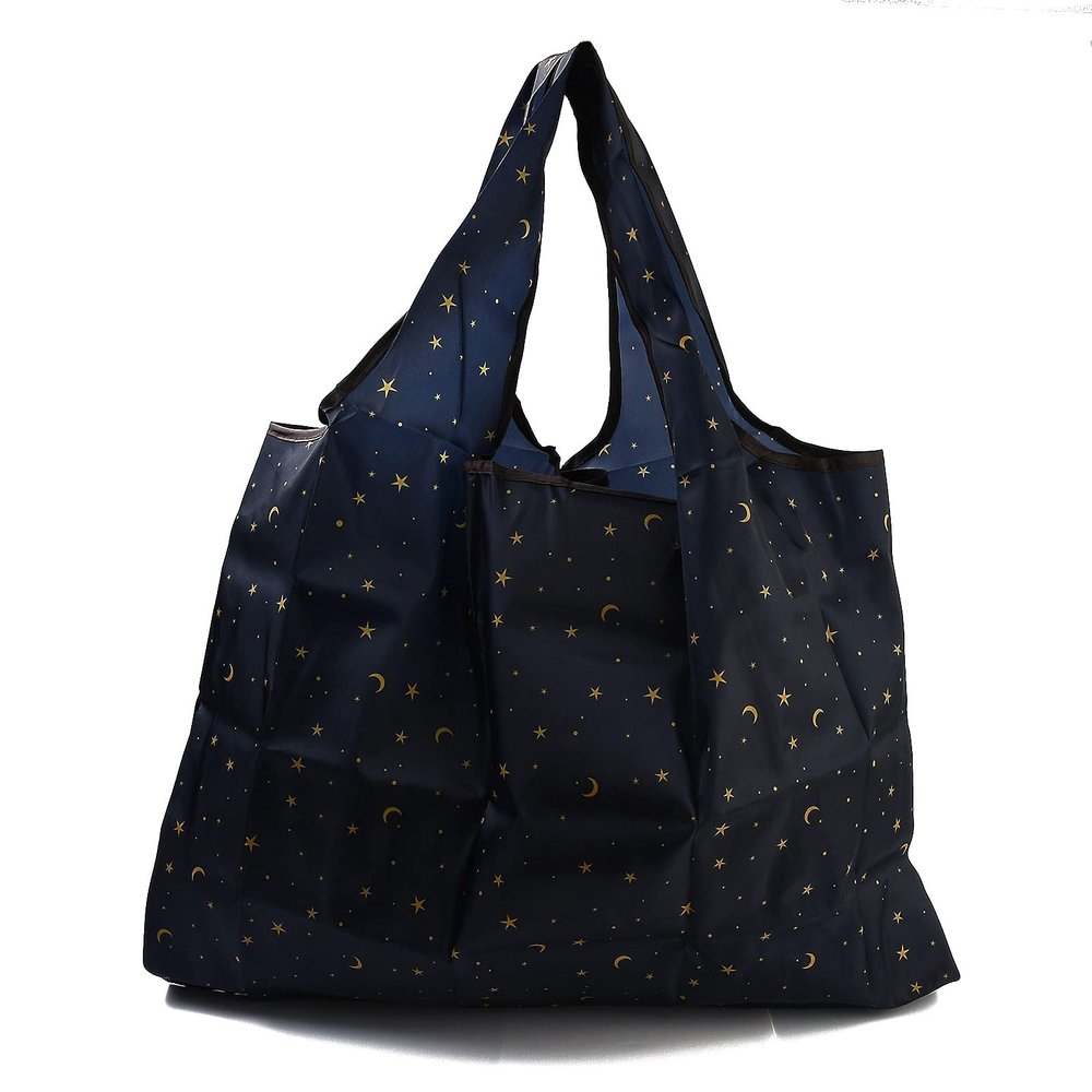BEEFLYING 3 Pcs Foldable Large Nylon Grocery Bags Reusable Waterproof Shopping Tote Bags Moon Pattern with Pouch and Bag Handle