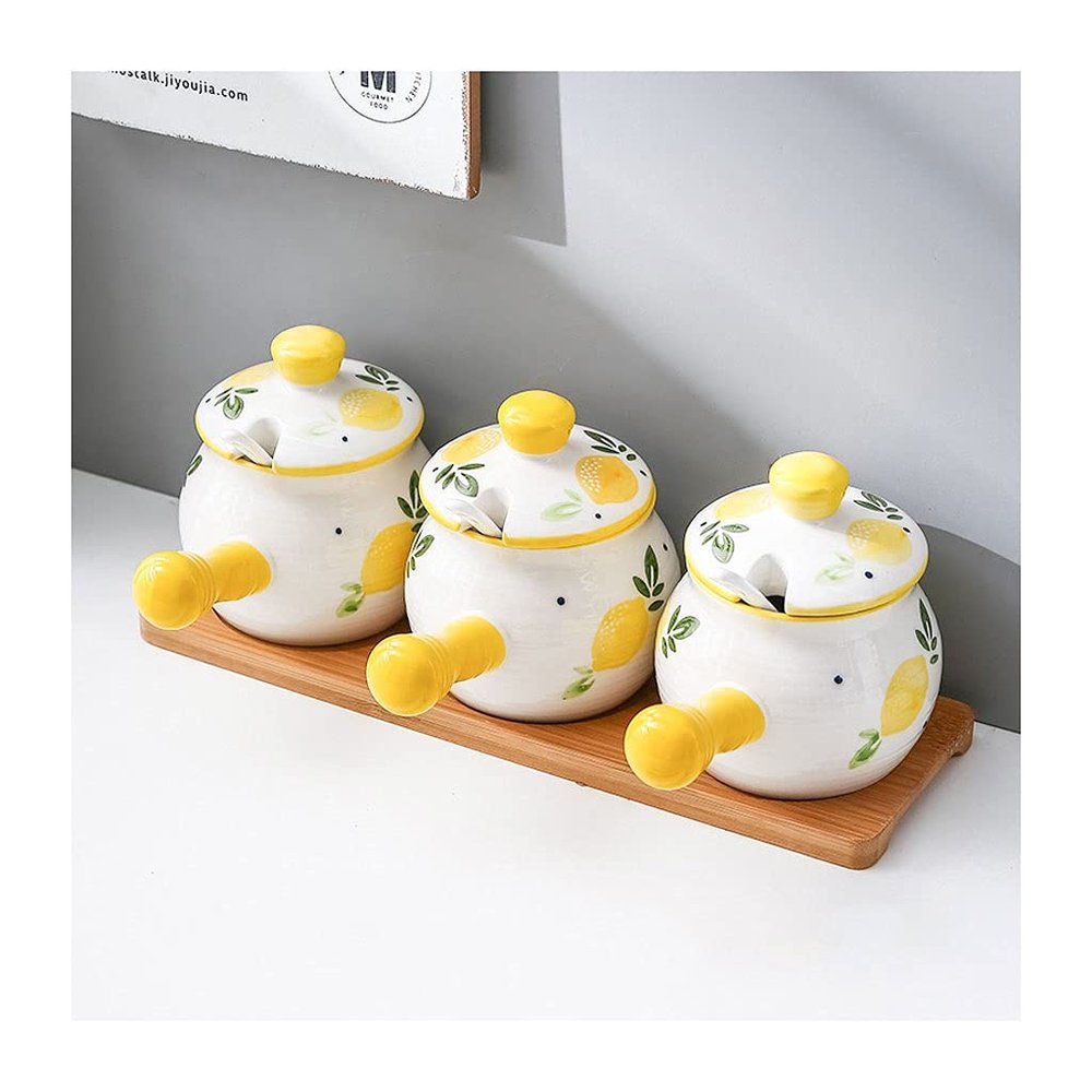 Storage Jars Spice Containers Set with Lids Ceramic Seasoning Box Spice Container Dustproof Spice Bottle with Spoon Cover Restaurant Seasoning Box Very Suitable for Kitchen Countertops 3 Pieces Condim