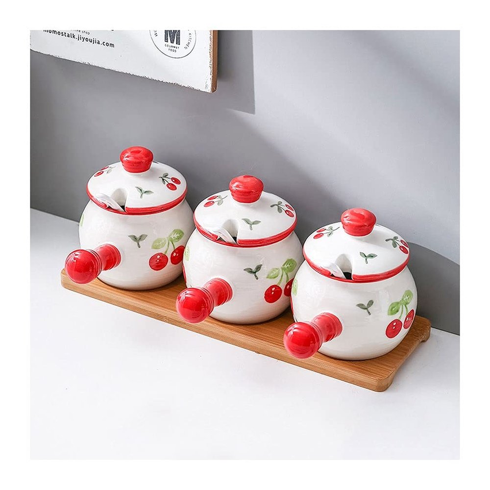 Storage Jars Spice Containers Set with Lids Ceramic Seasoning Box Spice Container Dustproof Spice Bottle with Spoon Cover Restaurant Seasoning Box Very Suitable for Kitchen Countertops 3 Pieces Condim