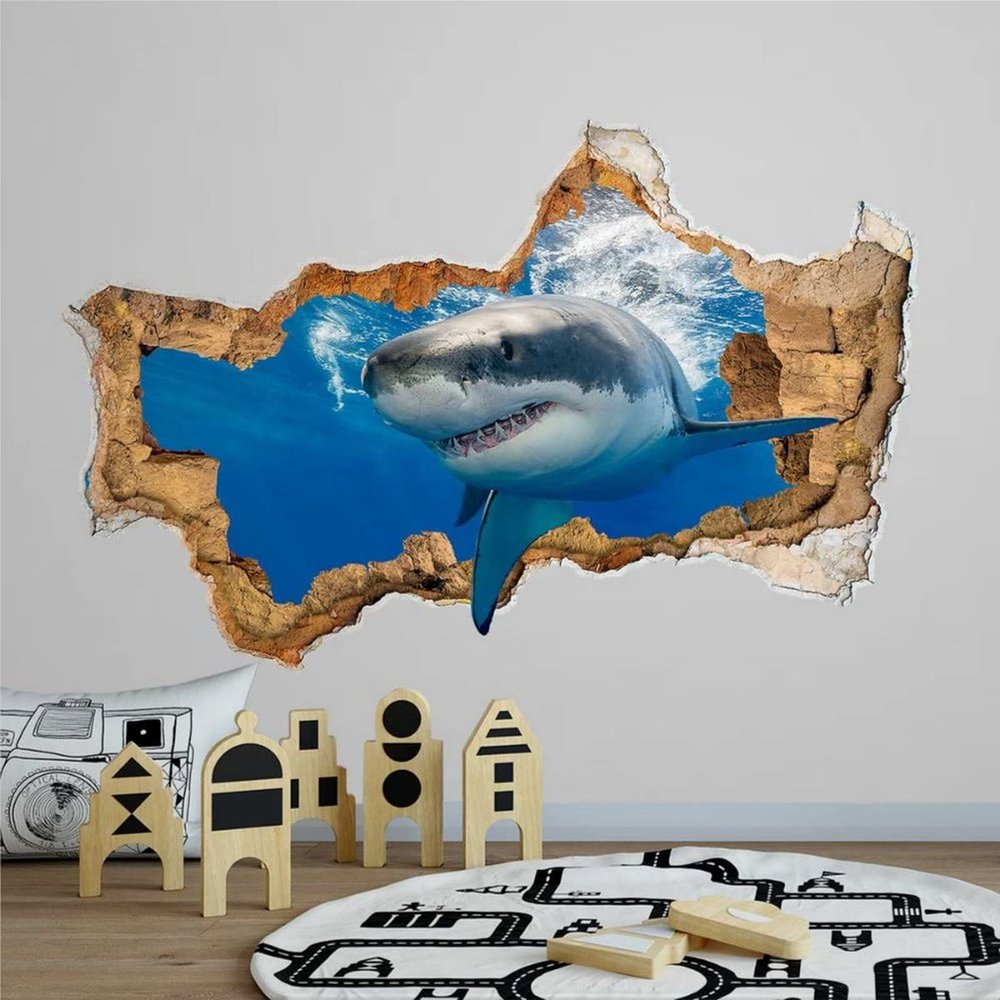 3D Wall Decal Nautical Underwater Nursery Decor 3D Depth Illusion fierce fish Wall Decor Vinyl Mural Removable Wall Sticker Decal Poster Kid Wall Stickers Mural Smashed Wall Art Poster,32'' ar422