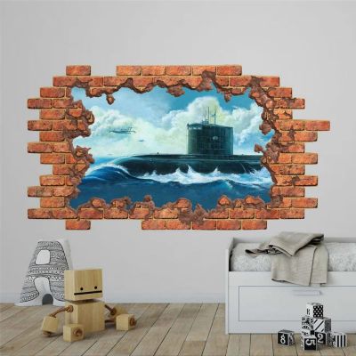 3D Wall Decal Nautical Submarine Nursery Decor Depth Illusion Underwater Wall Decor Vinyl Mural Removable Wall Sticker Decal Poster Kid Wall Stickers Mural Smashed Wall Art Removable Poster,32'' ar422