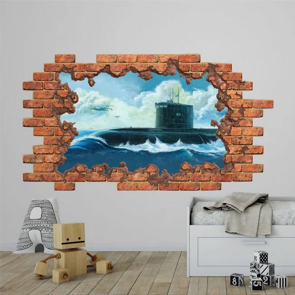 3D Wall Decal Nautical Submarine Nursery Decor Depth Illusion Underwater Wall Decor Vinyl Mural Removable Wall Sticker Decal Poster Kid Wall Stickers Mural Smashed Wall Art Removable Poster,32'' ar422