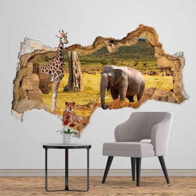 3D Wall Decal Animals Giraffe Hole in Wall Sticker Elephant Wall Decor Leopard Vinyl Decal Removable 3D Wall Sticker Poster Kids Wall Stickers Mural Smashed Wall Art Removable Poster,32'' ar422