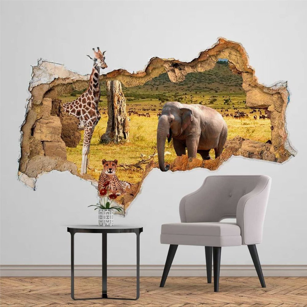 3D Wall Decal Animals Giraffe Hole in Wall Sticker Elephant Wall Decor Leopard Vinyl Decal Removable 3D Wall Sticker Poster Kids Wall Stickers Mural Smashed Wall Art Removable Poster,32'' ar422