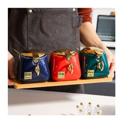 Storage Jars Spice Containers Set with Lids Ceramic Seasoning Box Kitchen Seasoning Container Seasoning Box Spoon with Lid Seasoning Jar Seasoning Storage Box Suitable for Peppers Spices Sugar 3 Piece
