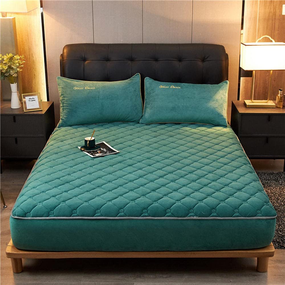 CFYCYHDZHT Cozy T-Shirt Soft,Thick Quilted Crystal Velvet Mattress Protection Cover, Warm Non Slip Embroidered Fitted Sheet for Single Double Bed Green 120cmx200cm