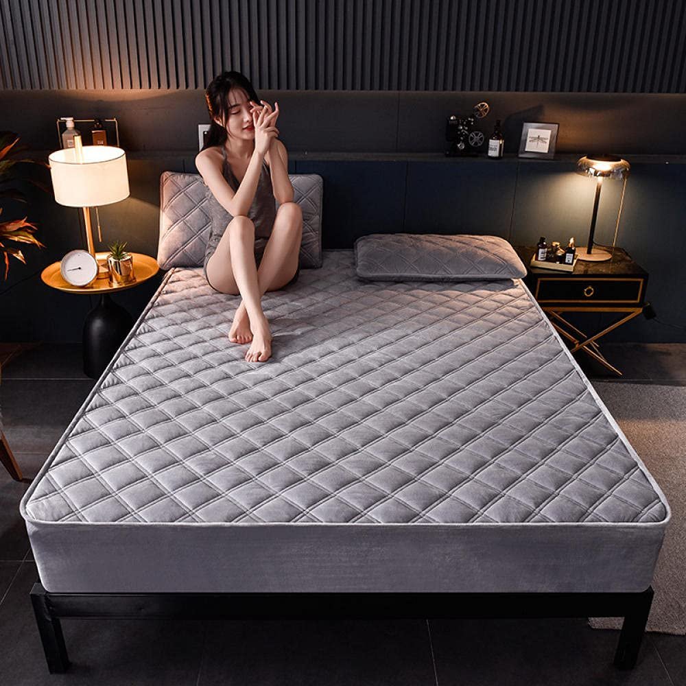 CFYCYHDZHT Easy Fit Sheets,Winter Thick Quilted Flannel Bed Sheet, Guest Room Holiday Home Non Slip Warm Mattress pad Single Double King Size Bed Grey 200cmx220cm