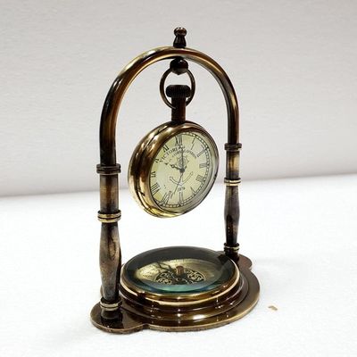 Antique Finish Brass Desk Clock with Base Compass Premium Look Decorative Desktop Clock Display Stand Clock by Ascent Gifts.