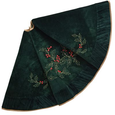 X.Sem Holly Leaf Embroidered Velvet Christmas Tree Skirt with Pleat Velvet Border 50'' (Dark Green, 50 inch)