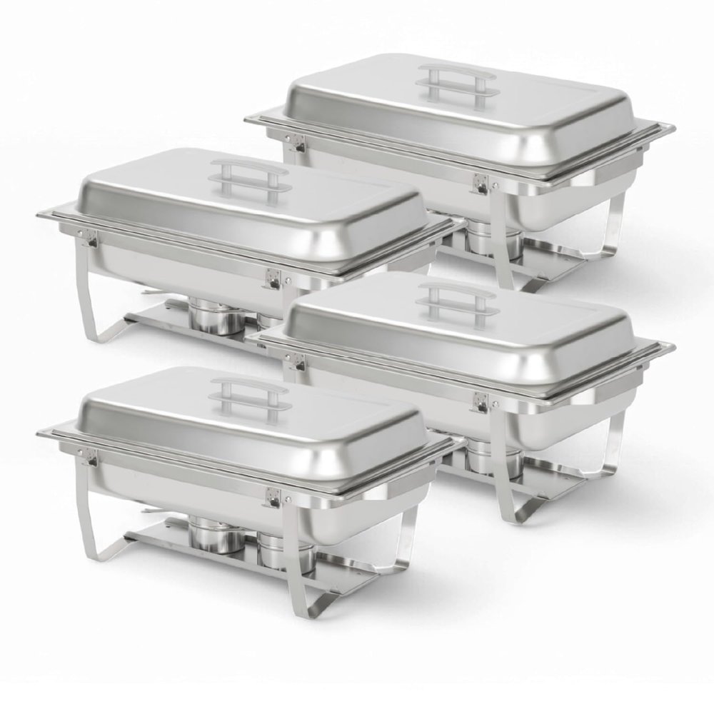 Alpha Living 4 Pack Chafing Dish Full Set Stainless Steel Catering Chafer with Lids, Pans & Fuel Holders Buffet Food Warmers for Parties, Events & Weddings Alpine Gray Handles