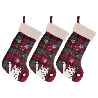 BambooMN 18" Classic Embroidered Sequined Animal Christmas Stocking - Naughty Cat Plaid - 3 Units