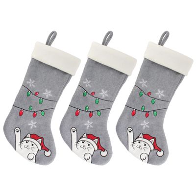 BambooMN 18" Classic Embroidered Sequined Animal Christmas Stocking - Naughty Cat Grey - 3 Units